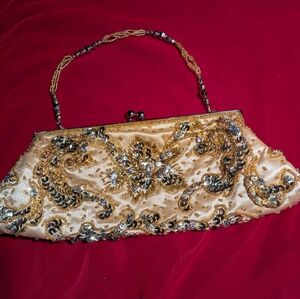 Vintage Gold Beads & Sequin/ Champagne Satin Braids Maid Gift Clutch/ Shoulder